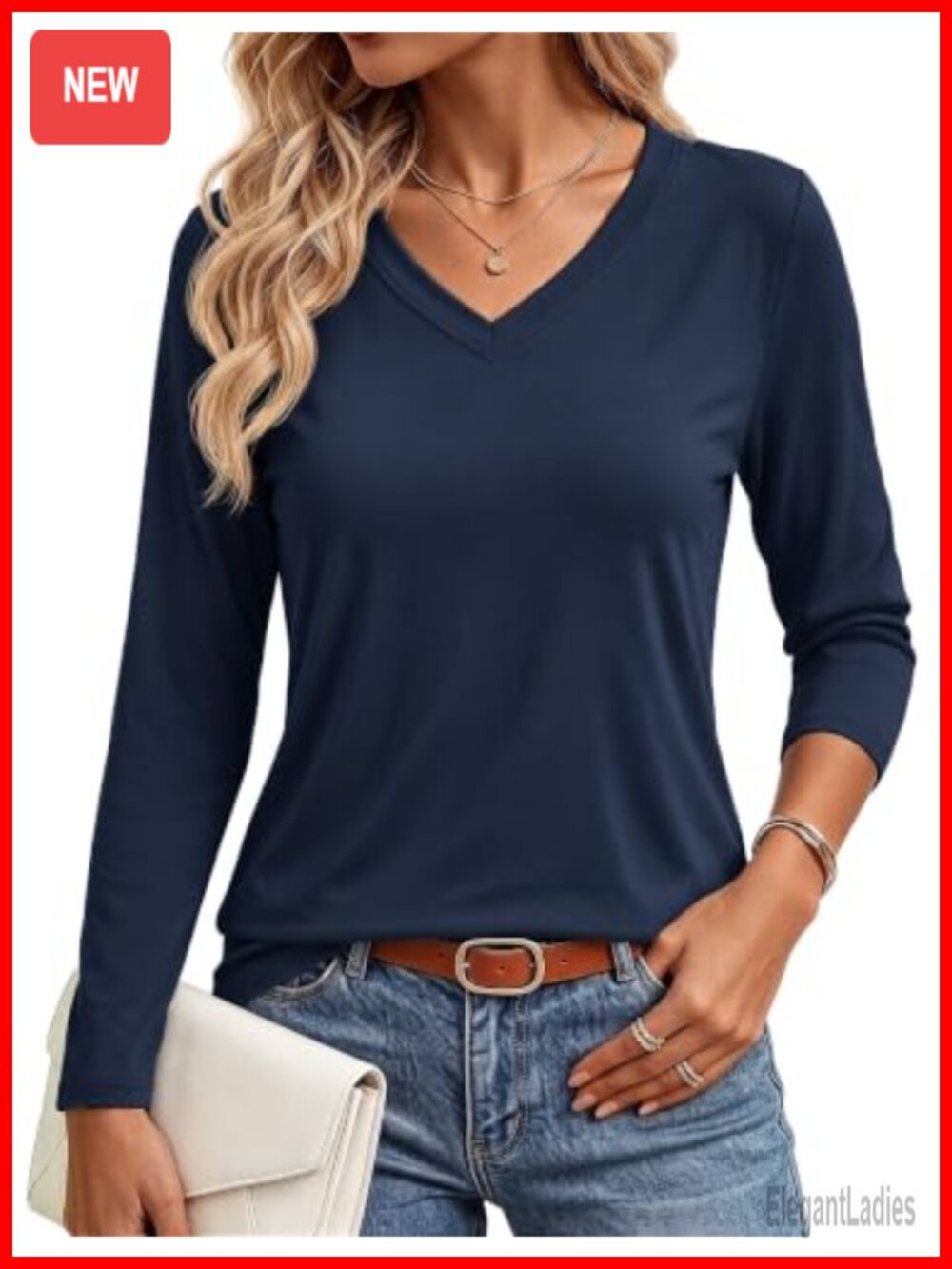 Long Sleeve V Neck Loose Fit Cotton Blend Basic Tee